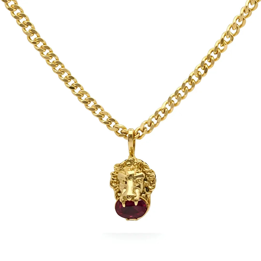 18K Gold Filled Lion Head Necklace – Tarnish-Proof Cuban Link Chain with Ruby & Zirconia Pendant Options